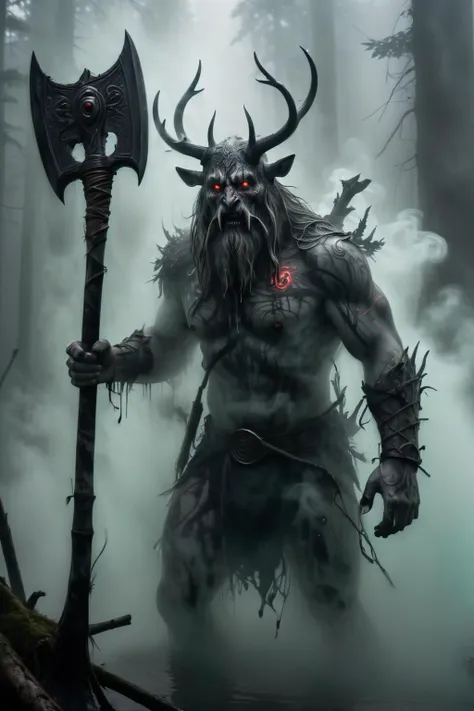 a man with a horned head and a horned axe in the fog