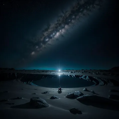 a man standing on a beach under a large star filled sky