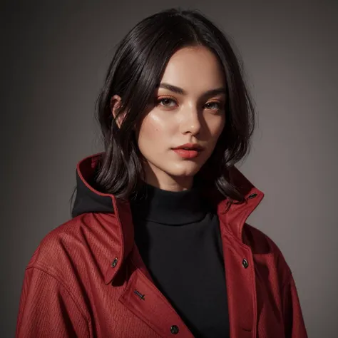 a woman in a red jacket and black turtle neck sweater