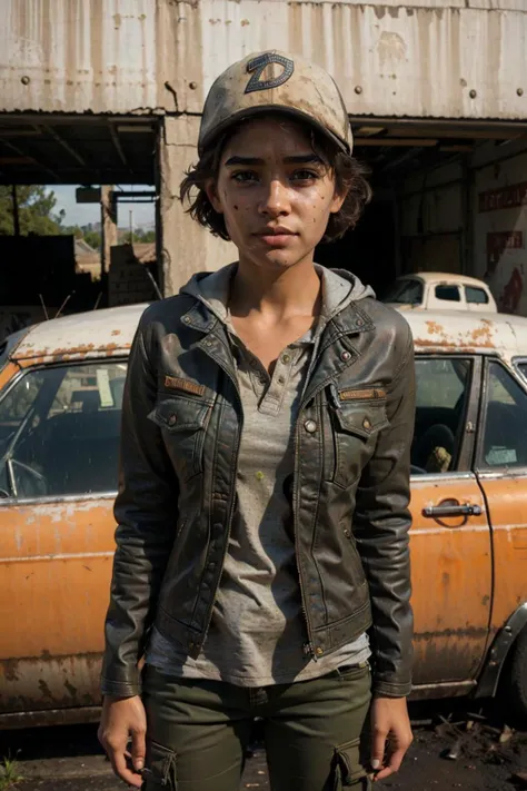 arafed woman in a leather jacket and hat standing in front of a rusted car