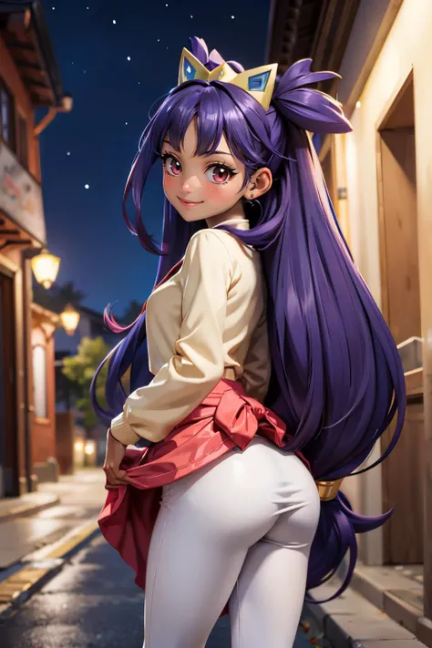 iris (pokemon),long purple hair, big hair, red eyes, dark skin, hair ornament, white leggings, long sleeves, pink skirt, looking at viewer, serious, smiling, blush, standing, from_behind, skirt lift, outside, market, alley, night time, crowd, high quality,...