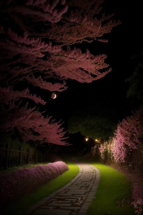 no humans,<lora:sakuru_v1:0.7>,ruanyi0007,<lora:detail_slider_v4:5>,cherry blossoms,falling petals,petals,<lora:nighttime_v1:1.1>,night,dark,dappled moonlight,the path,textless version,, best quality,masterpiece,high quality,real,realistic,super detailed,f...