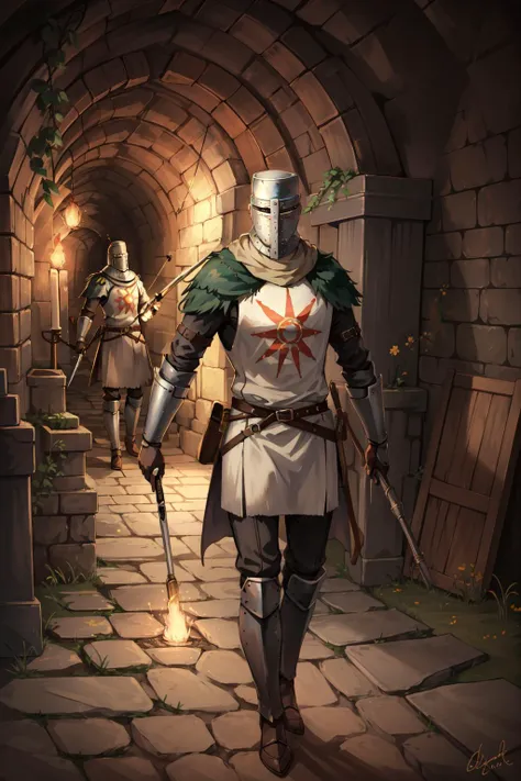 a man in a knight outfit walking through a tunnel