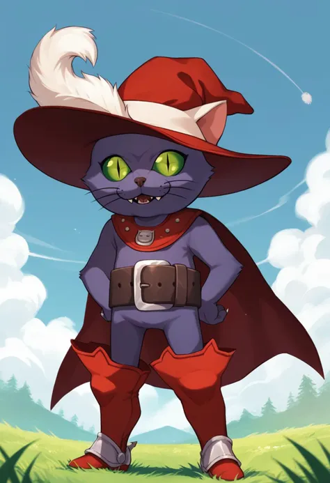 a cartoon cat wearing a hat and a cape standing in a field