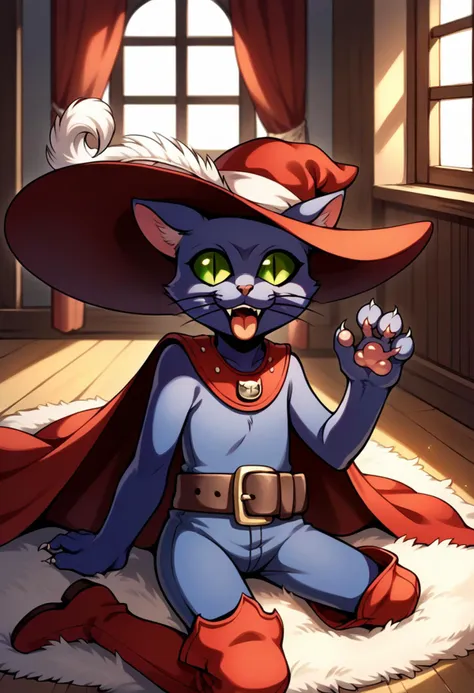 a cartoon cat wearing a red hat and cape sitting on a rug