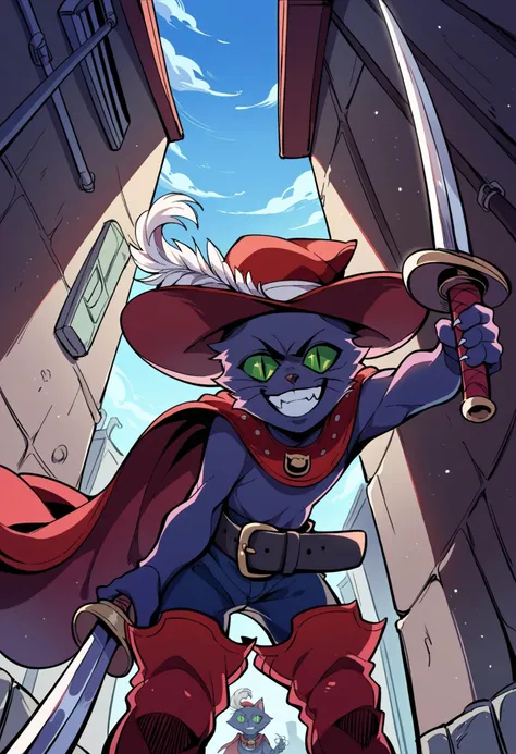 a cartoon cat with a red cape and a red hat and a sword