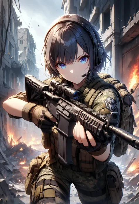 a woman in military gear holding a rifle in a city