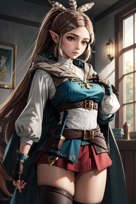 (masterpiece, best quality),  intricate details, 
1girl,  solo,    <lora:mumei:0.8> nanashi mumei, red skirt, single thighhigh, cloak, ribbon, ponytail, very long hair, hairclip, feathers, knife, belt, partially fingerless gloves, 
 <lora:zelda_botw_outfit...