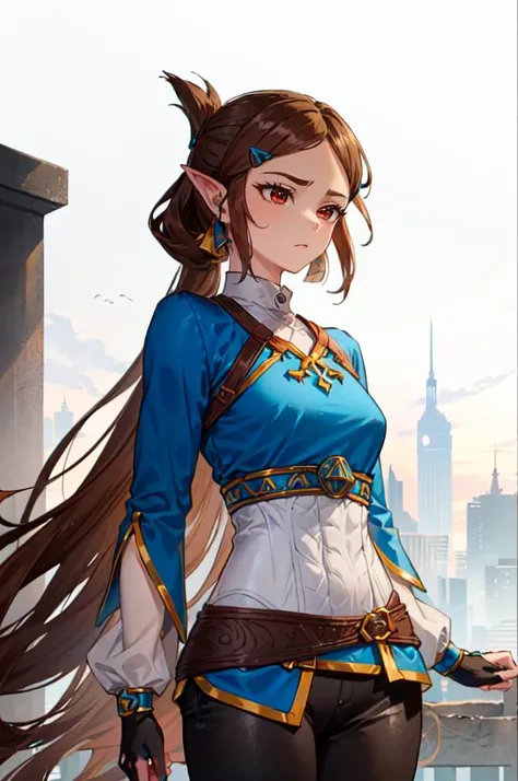 <lora:zelda_botw_outfit:0.8> zelda botw outfit,, ultra detailed, masterpiece, best quality, aesthetic, detailed,, solo, frown,
1girl, red eyes, <lora:Tsurime3:1>, (tsurime:1.2), (brown hair:1.3), medium hair, (asymmetrical bangs, swept bangs, cowlick:1.35)...