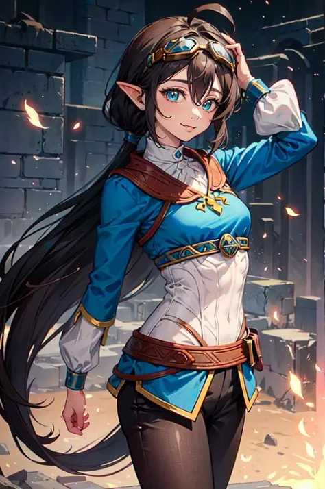 <lora:zelda_botw_outfit:0.8> zelda botw outfit, (goggles on head:1.3),, ultra detailed, masterpiece, best quality, aesthetic, detailed,, solo, smile, 1girl, aqua eyes, black hair, <lora:low_ponytail-1.0:1> low ponytail, ahoge, absurdly long hair, very long...