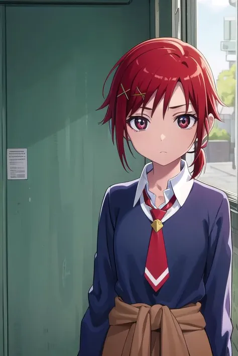 akanehino, <lora:akane hino s1-lora-nochekaiser:1>,
akane hino, short hair, hair ornament, (red eyes:1.3), ponytail, red hair, hair clip, x hair ornament,
BREAK skirt, school uniform, necktie, sweater, sleeves rolled up, clothes around waist, sweater aroun...