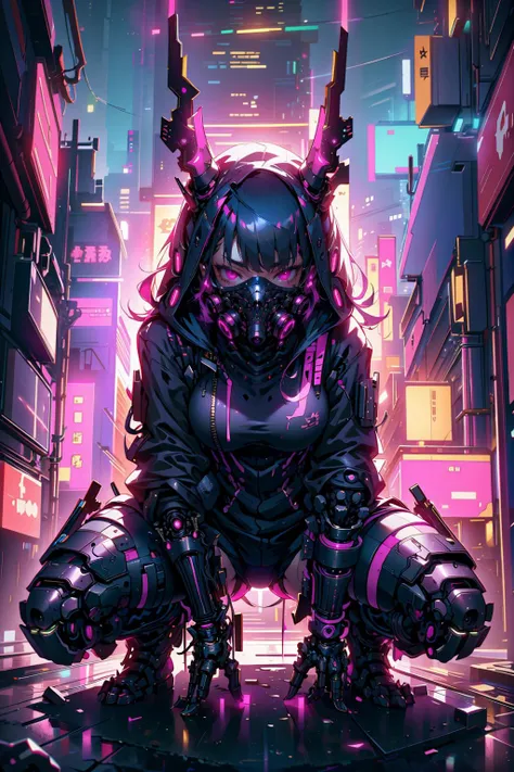 a digital illustration of a robot kneeling in a city