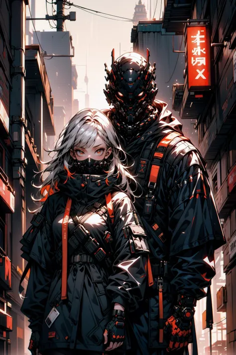 a couple of people standing in a city street with a demon mask