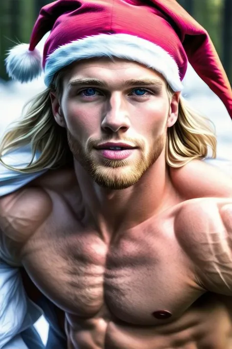 Ultra Realistic cinematic Photo of a bearded neat blonde smiling 23yo male model, full-body from above, with slim-fit muscles and six-pack (which you even while he is covered with a Santa couth). He is in snowly forest .The man is zoomed, high detailed ski...