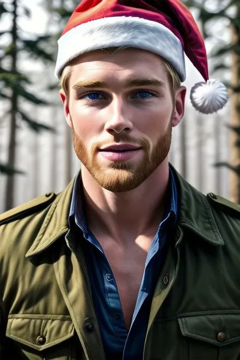 a close up of a man wearing a santa hat in a forest