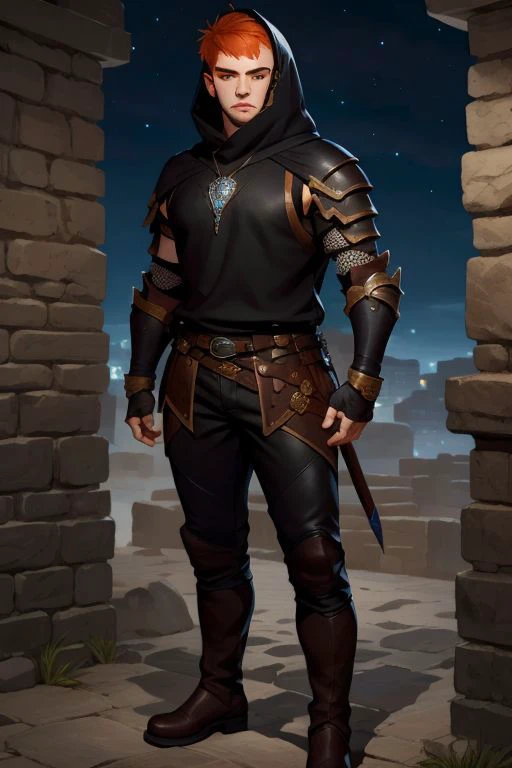 a man in armor standing in front of a brick wall