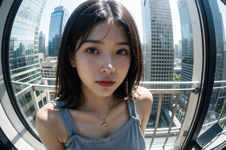 (quarter view, from above, cityscape, far distance, facing viewer, ((standing on top of a skyscraper)), (top of the cityscape), (fisheye), wide shot, scenery)
,
Bodysuit
    ,Skinny Jeans
    ,Printed Socks
    ,Ankle Booties
    ,Layered Necklaces
    ,Bo...