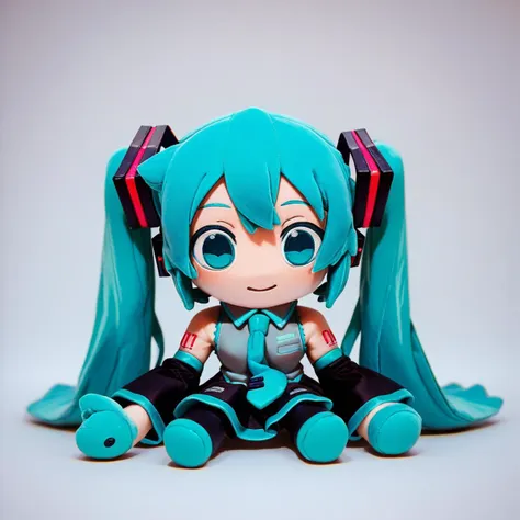 a close up of a doll with a blue hair and a pair of headphones