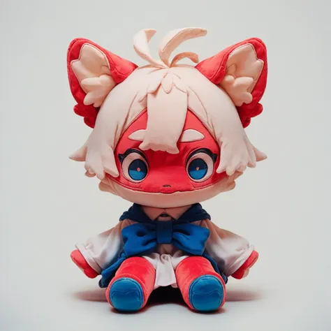 a close up of a doll with a cat ears and a dress