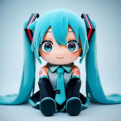 a close up of a doll with a blue hair sitting on a white surface