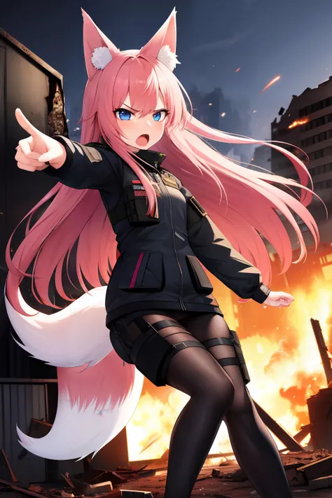 1girl,tactical clothing,fox ears,pink hair,multiple tails,ruble everywhere,angry,destroyed buildings,,blue eyes,taking cover,long hair,yelling,pointing,