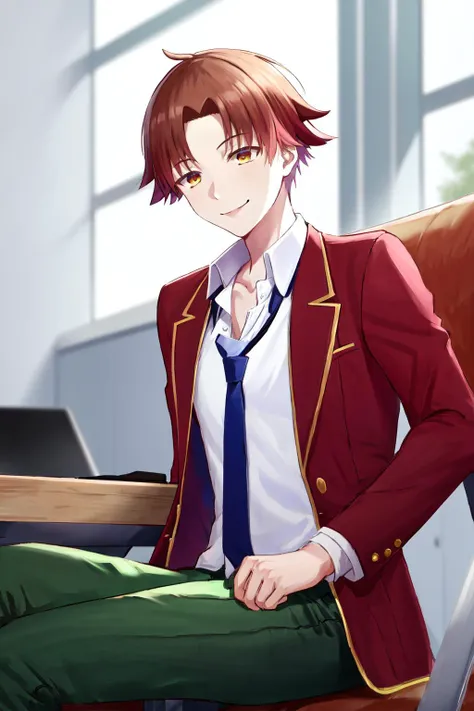 masterpiece, best quality, highres, 1boy kiyotaka ayanokoji, school uniform white shirt red jacket open jacket blue necktie green pants <lora:kiyotaka_ayanokoji:1> sitting, crossed legs, evil smile