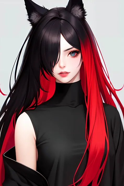 1girl,baggy clothing,black hair,red hair,multi color hair,long hair,wolf ears,wild hair,black clothing,red clothing,hair over one eye,(realistic)