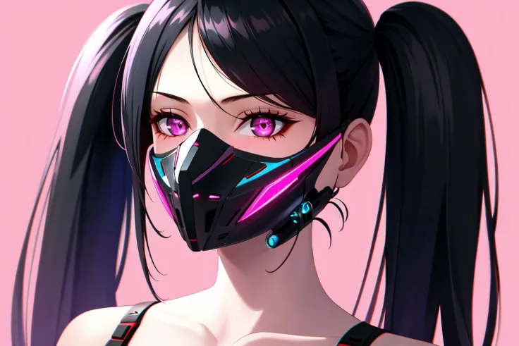 1girl, solo, black hair, twintails, collarbone, looking to the side, mask, glowing, pink background, portrait, science fiction, cyborg, cyberpunk, mechanical parts,(masterpiece:1.3),(best quality:1.3), eye focus,science fiction,(neon lights),chromatic aber...