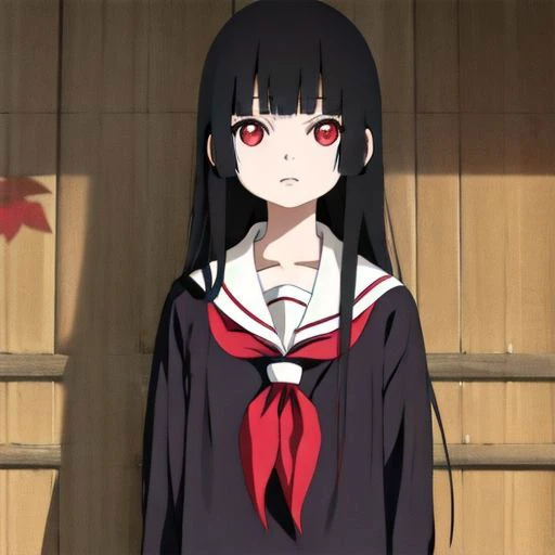 anime girl with long black hair and red eyes standing in front of a wooden wall