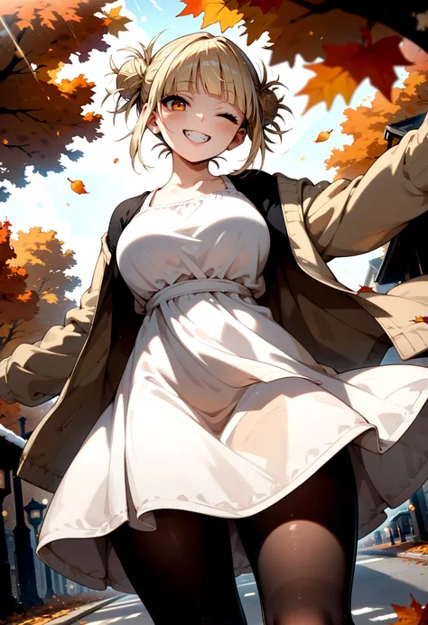 score_9, score_8_up, score_7_up, 1girl, curvy, toga himiko, blonde hair, smile, one eye closed, layered clothes, tunic dress, open jacket, black pantyhose, autumn, wind, photo background, bokeh, dutch angle, perspective, solo,