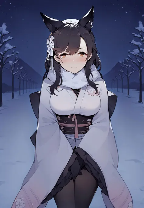 safe_pos, aaatago, long hair, black hair, hair ornament, hair ribbon, animal ears, brown eyes, mole under eye, large breasts, fur scarf, japanese clothes, wide sleeves, frilled sleeves, black gloves, sash, obi, white kimono, black pantyhose, 1girl, solo, s...