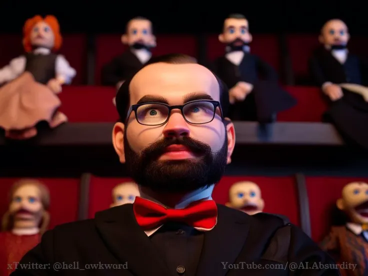 Positive: In a dimly lit theater, a solitary male figure with distinct facial features, adorned in glasses and beard, gazes intently at an assembly of vibrant puppets arranged on theater seats. The central figure, sporting a black suit, white shirt, and re...