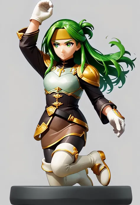 score_9, score_8_up, score_7_up, amiibo, figure, solo, full body, <lora:Amiibo_pdxl_Incrs_v1:1>, SyFE, green hair, long hair, green eyes, orange headband, turtleneck, breastplate, shoulder armor, gold trim, black shirt, long sleeves, white gloves, brown sk...