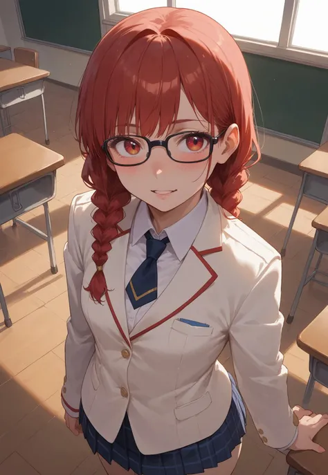 safe_pos, safe_pos, score_9, score_8_up, score_7_up, from above, 
1girl standing at classroom, leaning head, looking away, uniform, white blazer, pleated plaid skirt,
black glasses, small breasts, red long hair, bangs, braids, 
(shame, blush), happy, turn ...