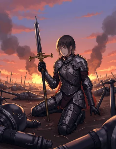 fantasy stylised illustration, anime style, cinematic composition, stunning, full body shot, masterpiece,best quality, close up dynamic model pose, (tall), perfect composition, 1girl, a battleworn mecha knight squire kneels in the dirt of the battlefield, ...