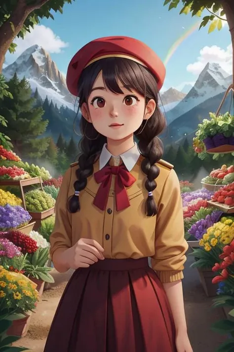 A  18yo dark-haired girl with two braids, hair parted in the middle, dark red beret, forest, skirt, sunny day, Alps, rainbow on the sky, caucasian, oval face, a bit busty, cleavage, flower market background