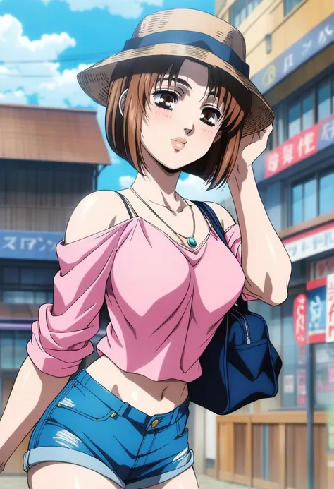 (masterpiece), (high quality), anime, source_anime, retro_art_style, N4T5UK1M0G1, 1girl, adult female, brown hair, brown eyes, pink_lips, blush, medium breasts, bucket_hat, straw_hat, denim_shorts, short_shorts, pink_shirt, necklace, blue_bag