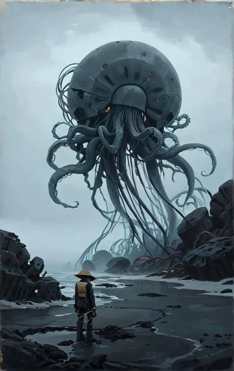 (best quality, atmospheric, classic art:1.3), doomed planet, blue soil, black rock, grey haze, (large jellyfish robot), tentacles, biological, solitary, (bleak, SSTA:1.1). <lora:ssta:0.85> <lora:compb0t:0.7> <lora:add-detail-xl:1.25> <lora:DOOMHAZER:0.9> <...