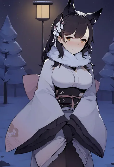 safe_pos, aaatago, long hair, black hair, hair ornament, hair ribbon, animal ears, brown eyes, mole under eye, large breasts, fur scarf, japanese clothes, wide sleeves, frilled sleeves, black gloves, sash, obi, white kimono, black pantyhose, 1girl, solo, s...