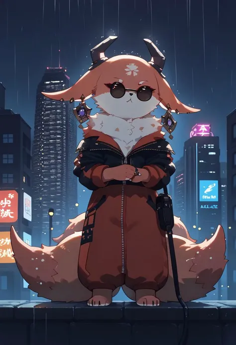 score_9, score_8_up, score_7_up, solo, YaeMikoFox,  animal, animal focus, earrings, jewelry, headgear, horns, sunglasses, pince-nez, multiple tails, cityscape, night, rain, neon lights <lora:YaeMikoProgenitor_pdxl_Incrs_v1:1> <lora:YaeMikoFox_XLPD:1.4>