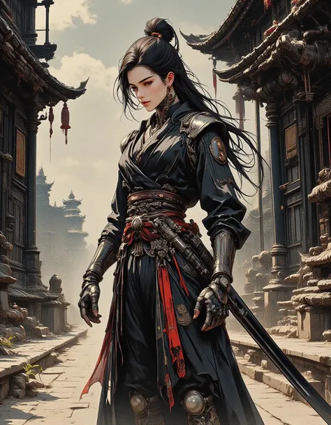 A mechanized Chinese martial arts heroine stands before a ancient structure adorned with traditional Chinese machinery, clad in a lightweight mechanical armor suit. Her arms have been replaced with metallic limbs, and large areas of metal hide beneath her ...