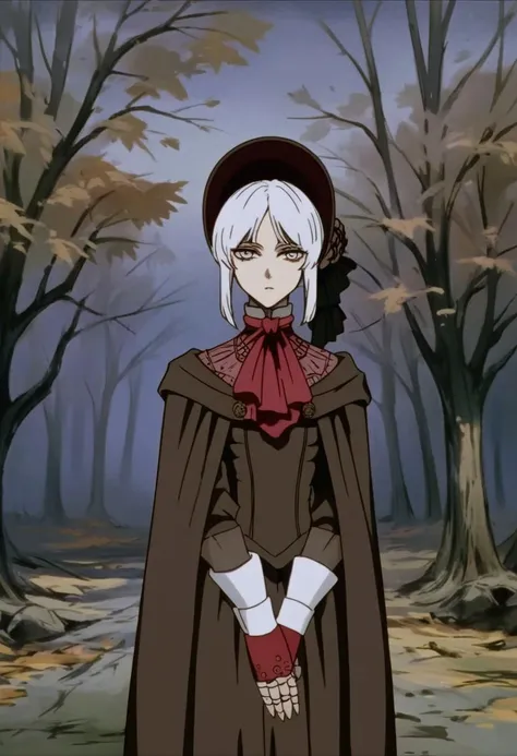 score_9, score_8_up, source_7_up, source_anime BREAK 1girl <lora:plaindoll-pdxl-nvwls-v1:1> plaindoll, white hair, doll joints, bonnet, red ascot, brown cloak, brown dress, gloves, looking at viewer, expressionless, forest, trees, fallen leaves, path, dark...