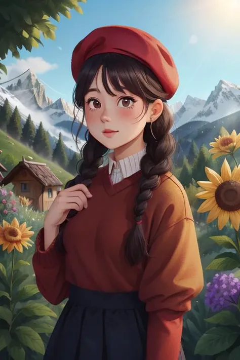 A  18yo dark-haired girl with two braids, hair parted in the middle, dark red beret, forest, skirt, sunny day, Alps, rainbow on the sky, caucasian, oval face, a bit busty, cleavage, flower market background