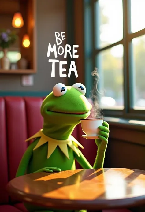 kermit the frog holding a tea cup near his lips, sitting in a cafe booth near the window, with sunny weather outside. Steam is coming from the tea cup. The steam forms the words “Be More Tea” in the air.