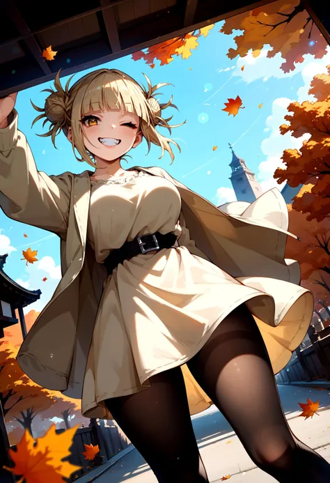 1girl, curvy, toga himiko, blonde hair, yellow eyes, smile, one eye closed, layered clothes, tunic dress, open jacket, black pantyhose, autumn, wind, score_9, score_8_up, score_7_up, photo background, bokeh, dutch angle, perspective,