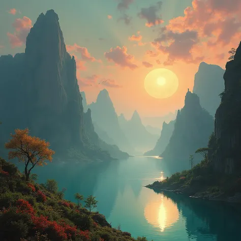 Expansive sci-fi landscape in the style of Frank Frazetta, featuring the tranquil Lake of Serenity. A sweeping panoramic view rendered as a digital artwork, blending classic gothic and baroque fantasy elements. Vibrant colors and illustrative techniques cr...