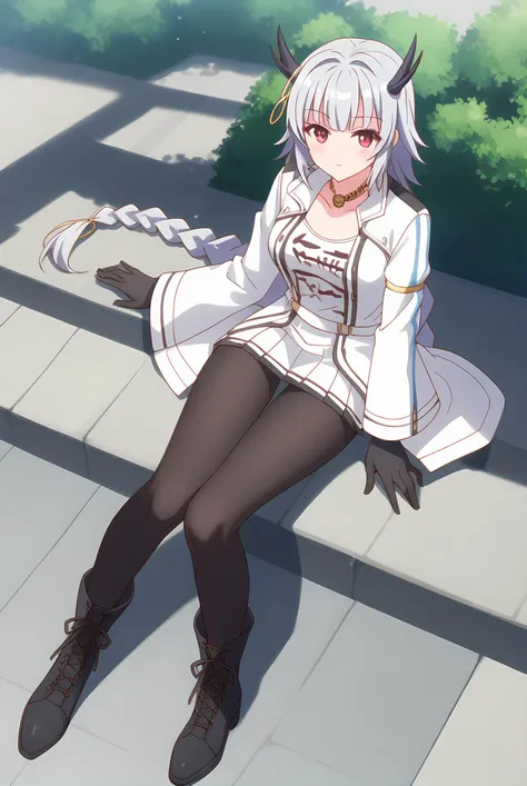 (white jacket white skirt black pantyhose black gloves black boots:1.20), gg-ouroboros, silver hair, black horns, long braid, red eyes, jewelry, necklace, medium breasts, 1girl, solo, skinny, score_9, score_8_up, score_8, score_7_up, score_7, score_6_up, s...