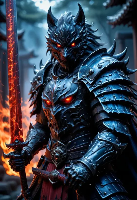 a Japanese style dark wolf demon samurai with great sword, color scheme: blue and black, expression: mysterious and haunting, size and shape of great sword: massive and double-edged, type of armor: bone and leather, environment: fiery and chaotic, camera s...