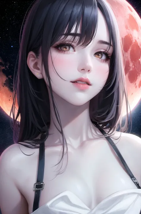 a woman with long black hair and a white top is staring at the moon