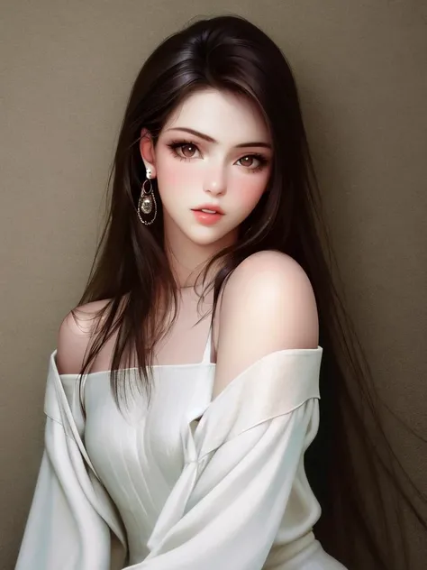 1girl, solo, long hair, looking at viewer, shirt, brown hair, long sleeves, jewelry, bare shoulders, brown eyes, upper body, earrings, parted lips, white dress, off shoulder, sleeves past wrists, realistic, photorealistic, sensitive
masterpiece, newest, ab...